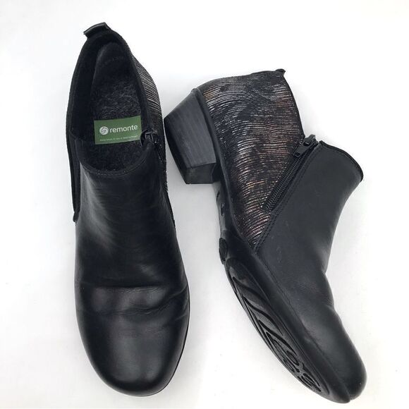 Remonte Black Leather Metallic Irridescent Heel Low Heel Zipper Ankle Boots - Picture 3 of 16
